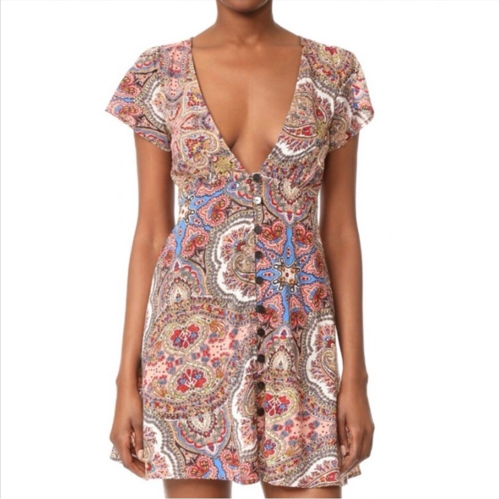 Cleobella Paisley Mini Dress Deep V Boho Multicolor Festival Dopamine Small - Picture 2 of 11